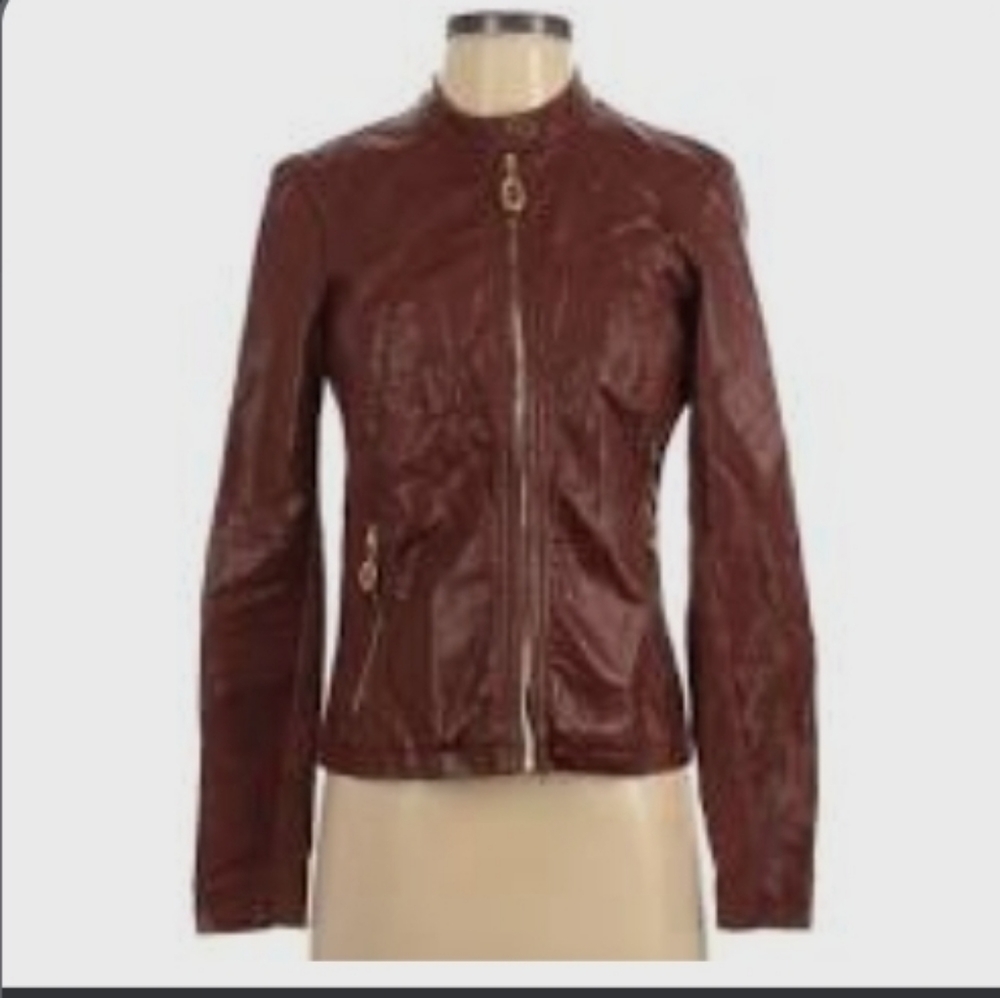 Ivaka Trump  brown faux Leather biker style jacket.